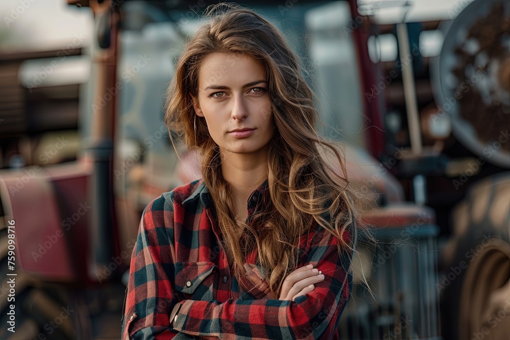 Female farmer standing in front of tractor. Female farmer standing in front of tractor.