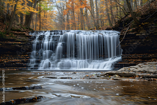 A stunning waterfall in the midst of a lush green forest  evoking a sense of tranquility and adventure.