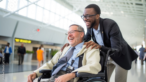 Airport staff member in a safety vest smiling and providing assistance to a man in a wheelchair photo