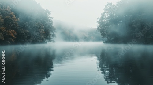 Misty Lake Surrounded by Trees © olegganko
