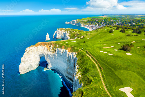 Aerial view of the beautiful cliffs of Etretat. Normandy, France, La Manche or English Channel