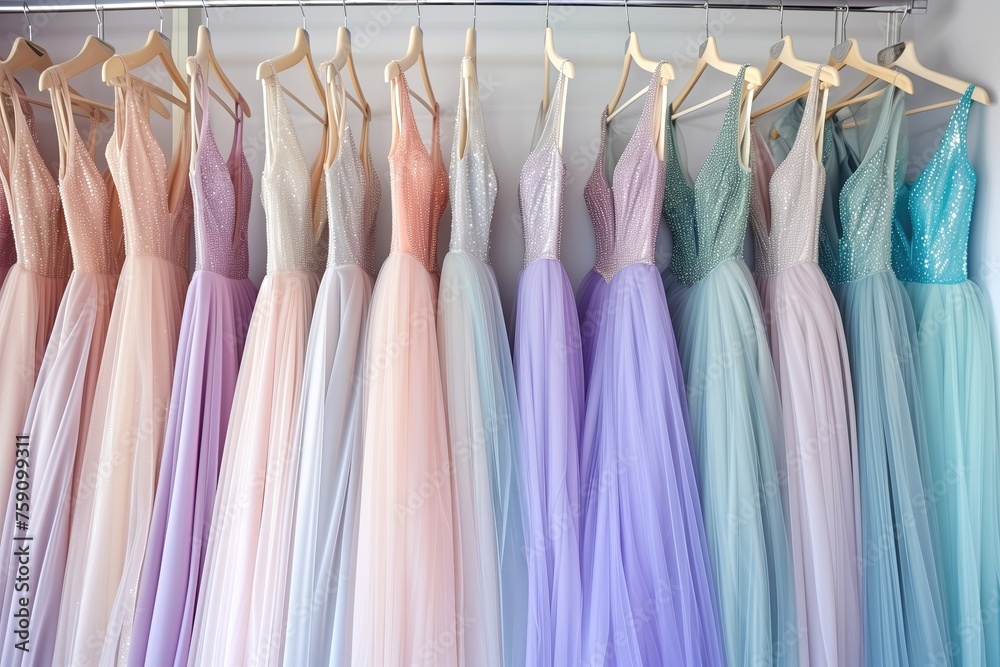 Elegant formal dresses for sale in luxury modern shop boutique. Prom gown, wedding, evening, bridesmaid dresses dress details. Dress rental for various occasions and events.