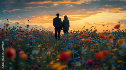 Man and Woman Standing in Field of Flowers