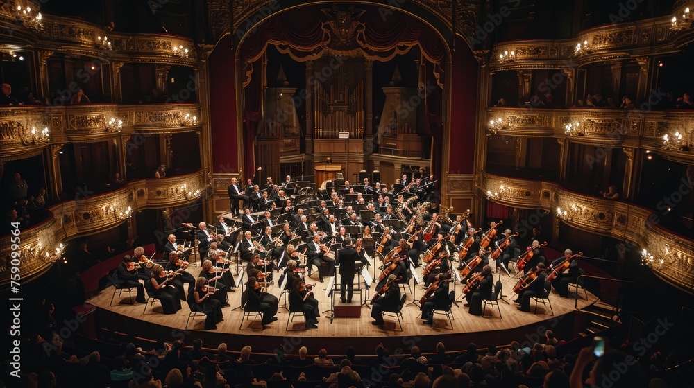 An elegant classical music concert, orchestra in full performance, audience captivated, in a grand historic theater. Resplendent. - obrazy, fototapety, plakaty 