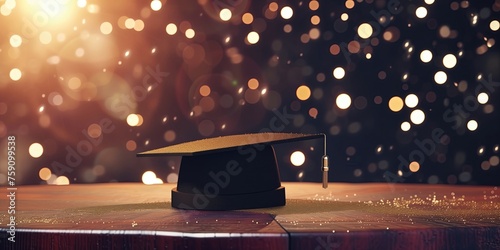 Graduation Cap on Wooden Stage with Sparkling Bokeh Background with Copy Space- Looping