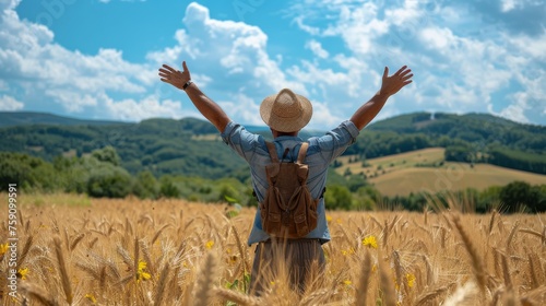 Man Standing in Field With Hands Up