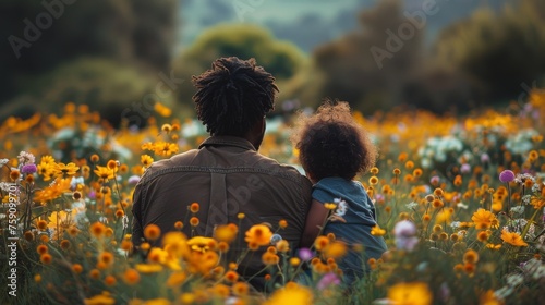Man and Girl Sitting in Field of Flowers