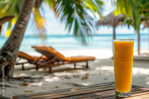 Photo of glass of freshly squeezed orange juice standing on the table. On the background there are sun loungers  sandy beach and the sea. Summer time background