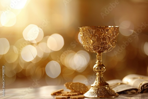 Bread with chalice of wine. Christian communion concept for reminder of Jesus sacrifice.	 photo