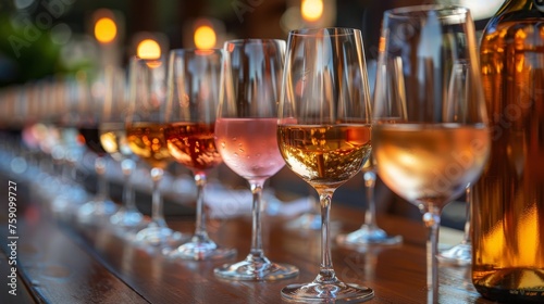 Row of Wine Glasses on Wooden Table