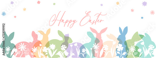 Happy Easter banner, background with rabbits gentle colors. Happy Easter Vector Background With Colorful Easter Bunny Silhouette © Tetiana Kubara