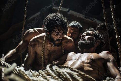 The four friends of the paralytic carry out an act of faith by lowering him through the roof so that Jesus can heal him. Bible story.