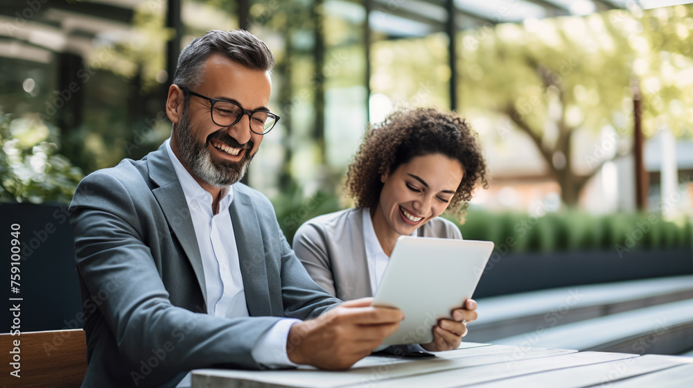 Portrait of successful business people holding tablet discuss business issues in the office Portrait of successful business people holding tablet discuss business issues in the office