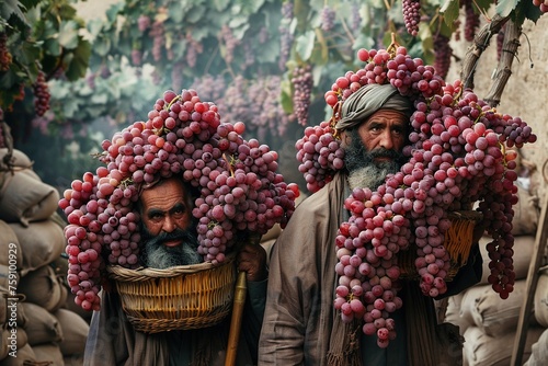 Two Israelites carry one huge cluster of grapes photo