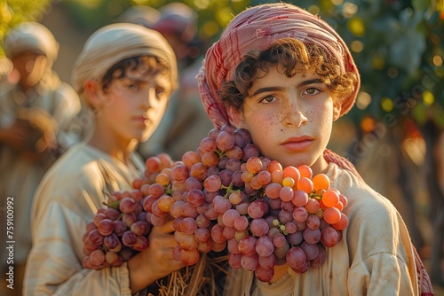 Two Israelites carry one huge cluster of grapes photo