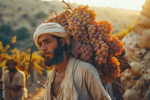 Two Israelites carry one huge cluster of grapes photo