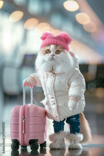 anthropomorphic Cat,Wearing a white down jacket,jeans,a pink wool hat,white boots on her feet,Holding the pink suitcase,Airport background 