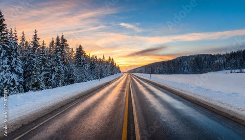 beautiful winter road at sunset