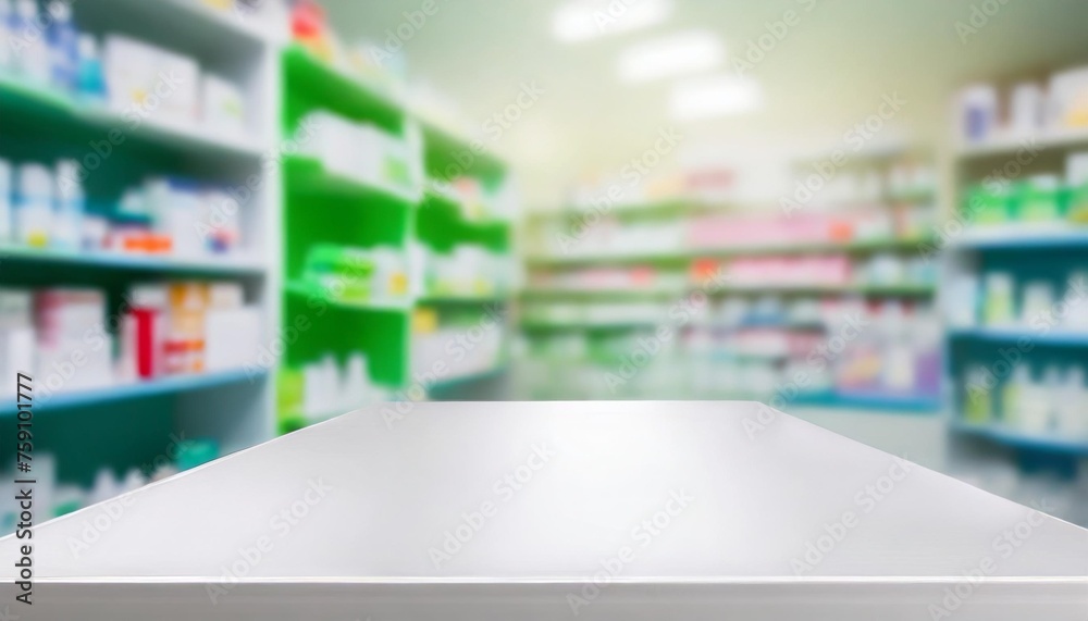 an empty white table on a blurry pharmacy background