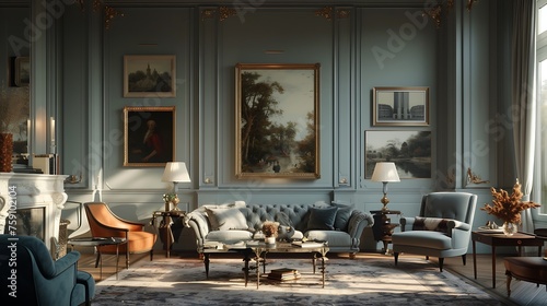 a sophisticated and upscale living room with an AI-created image wall displaying fine art pieces in ornate mockup frame