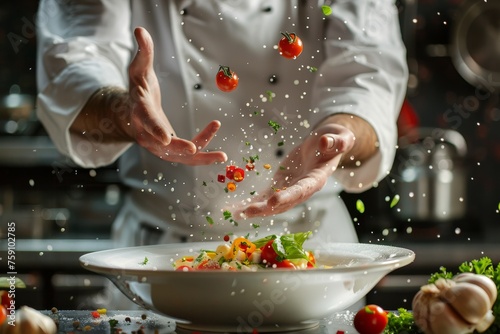 hands of a chef who prepares food in a professional kitchen with dys and steaming products, haute cuisine concept photo