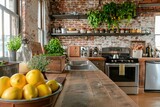 A kitchen with a wooden countertop and a bowl of lemons on it