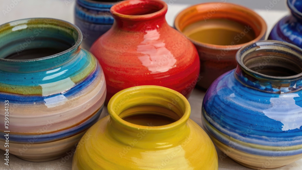 Vibrant display of colorful ceramic pitchers in assorted shapes and sizes, adding a pop of color to any kitchen or dining room decor. Handcrafted pottery collection for eclectic interior design