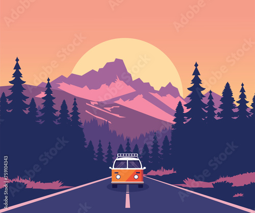 road trip with van in the mountain with jungle landscape illustration