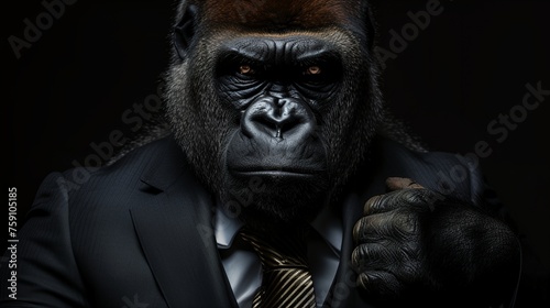 a gorilla wearing a suit and tie with a black background © progressman