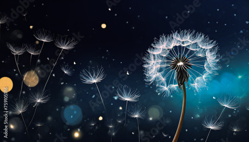 A fairy-tale-like beautiful white dandelion on a navy night backdrop with floating petals. Perfect for banners evoking dreams and tranquility.