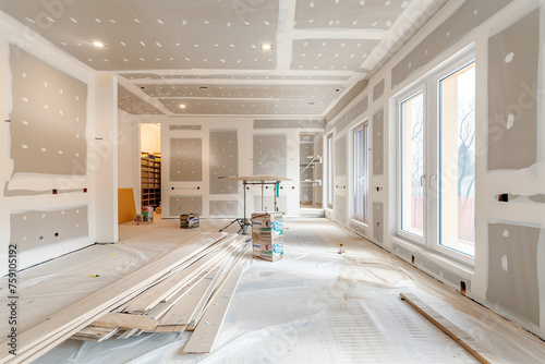 Industry new home construction interior drywall finish.AI generated