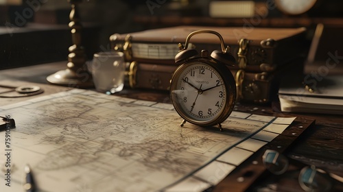 Antique Alarm Clock on a Map, To offer a unique and visually appealing image for use in various design projects, illustrations, or games This image