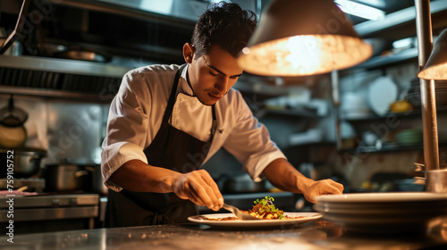 Focused male chef is meticulously garnishing a dish in a professional kitchen setting.
