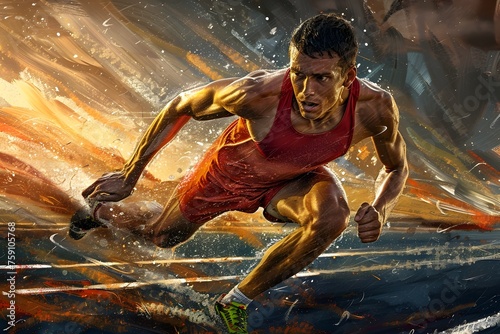 Athlete Running on Track in Paint Painting Game Art, To provide a dynamic and action-packed image of a man driving his race car in the desert, © Mickey