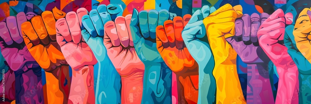 Colorful Hands United in Feminist Style, To inspire empowerment and unity through a modern, colorful depiction of hands in a feminist perspective - obrazy, fototapety, plakaty 