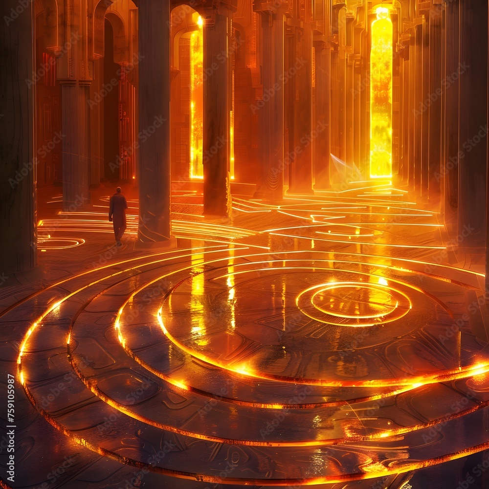 Dark Dungeon with Fiery Structure and Spaceship Hallway, To provide a ...