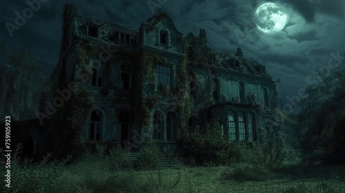 A hauntingly beautiful gothic mansion sits in eerie silence, with the bright full moon casting an otherworldly glow over the ominous structure. Resplendent.