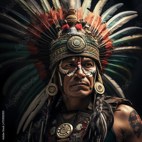 Portrait of a Man dressed like Moctezuma the historic aztec general  photo