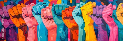 Colorful Hands United in Feminist Style, To inspire empowerment and unity through a modern, colorful depiction of hands in a feminist perspective