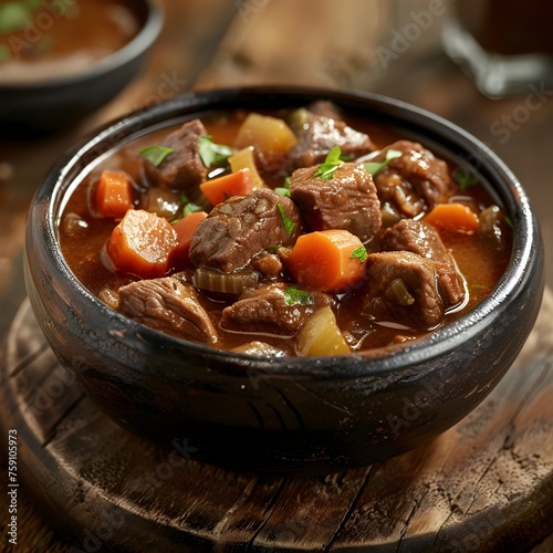 Comforting Beef Stew in a Black Bowl on a Wooden Table photo