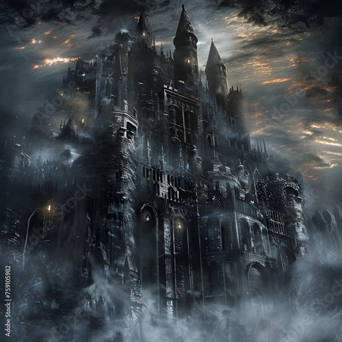 Dark Castle with Fog and Terraced Cityscapes at Night - Gothic and Mysterious Fantasy Wallpaper