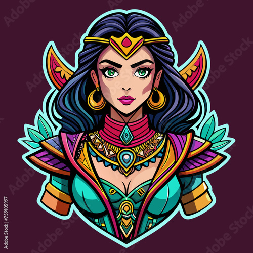 sticker portraying a beautiful girl in a statement outfit, with intricate details and vibrant colors, tailor-made for enhancing t-shirt aesthetics