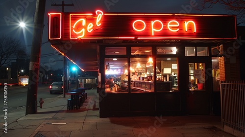 A neon sign that says Open