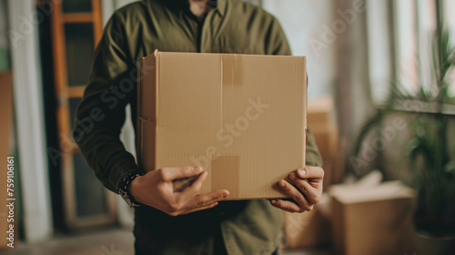 Person's torso holding a cardboard box, with a focus on the package, suggesting a delivery or moving scenario. © MP Studio