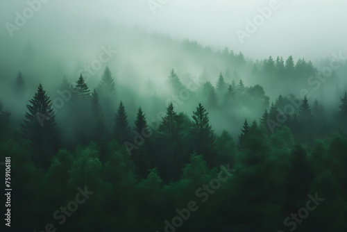 Deserted forest tops in the fog. Nature landscape