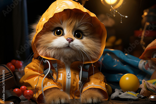 Pet with Rainy Day Accessories: A pet adorned with a raincoat.