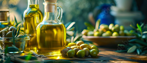 A table with two bottles of olive oil and a bowl of olives, reshness and natural beauty photo