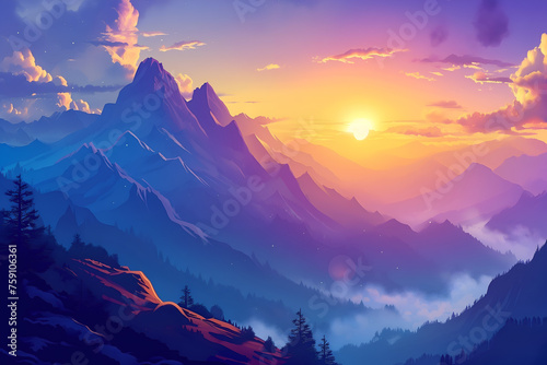 Dawn against the background of mountains. Nature landscape