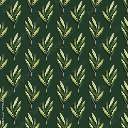 Floral seamless pattern with green leaves on dark green background.