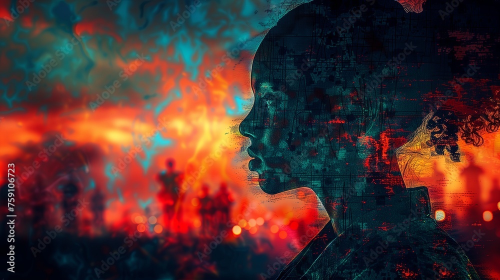 Fototapeta premium Silhouette of Soldier Against Chaotic, Fiery PTSD-Inspired Backdrop